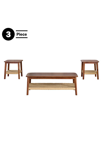 Generic Wood Living Room Tables Set Of 3 Classic-looking with Woven Shelf - Solid Acacia Wood Elegant Brown
