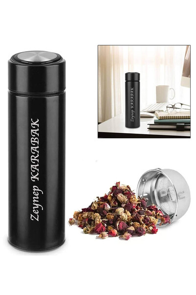 Genel Markalar Kişiye Özel İsimli Süzgeçli Mat Siyah Termos & İsme Özel Siyah Metal Çakmak