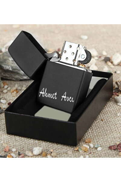 Genel Markalar Kişiye Özel İsimli Süzgeçli Mat Siyah Termos & İsme Özel Siyah Metal Çakmak