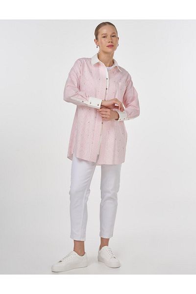Kayra Hotfix Printed Line Pattern Tunic Coral