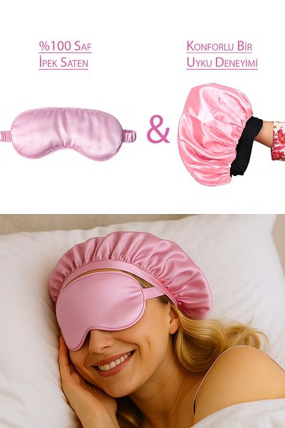 Deko Dekor Powder Pink Satin Sleeping Glasses Eye Patch Sleeping Headband and Satin Hair Cap Set