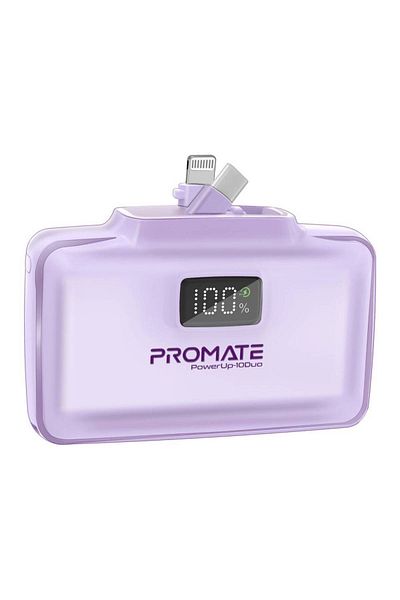 Promate PowerUp-10 Duo - Compact 10000mAh Power Bank with Foldable USB-C & Lightning Connectors
