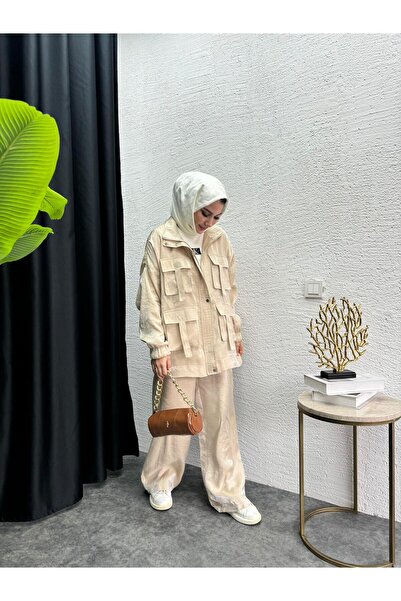 MEYSADESİGN Tasarım Jakarlı Cepli İkili Takım Bej