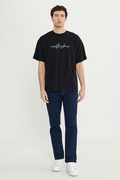 AC&Co / Altınyıldız Classics Ανδρικό μπλουζάκι ασπρόμαυρο oversize 100% βαμβακερό φαρδύ μπλουζάκι με στάμπα με λαιμόκοψη