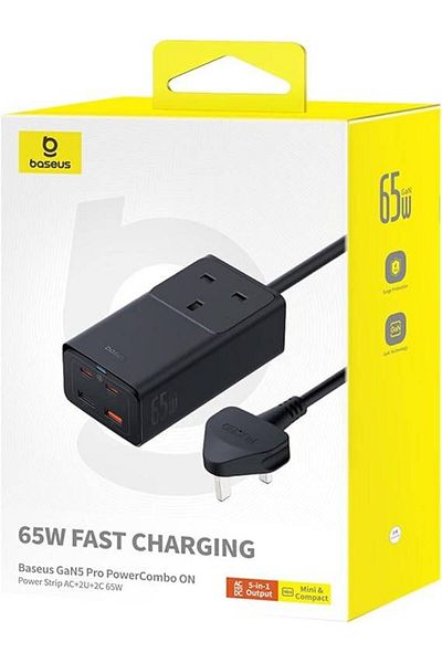 Baseus GaN5 Pro Quick Charger with 65W, 2 British Sockets, 2 USB-C Ports, and 1.5m Cable