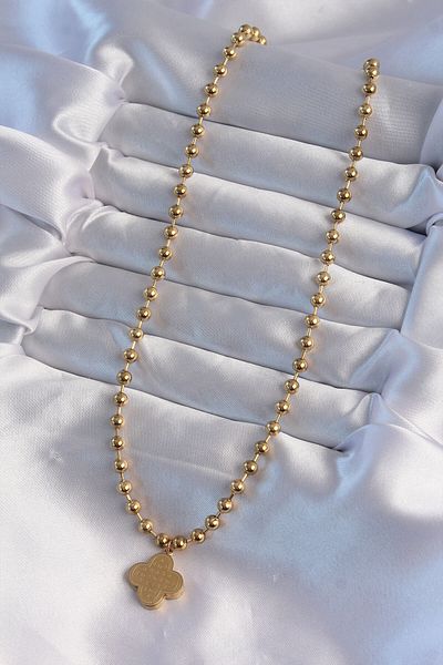 Skygo 316L Steel Ball Chain Gold Color Engraved Clover Model Necklace - Tj-Bko8988