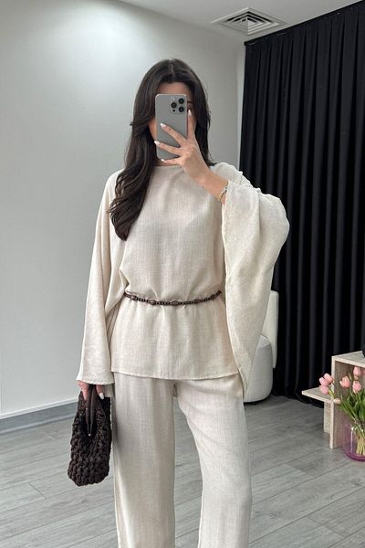 My Blog Natural Beaded Belted Cape Suit - 8693