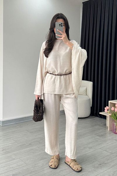 My Blog Natural Beaded Belted Cape Suit - 8693