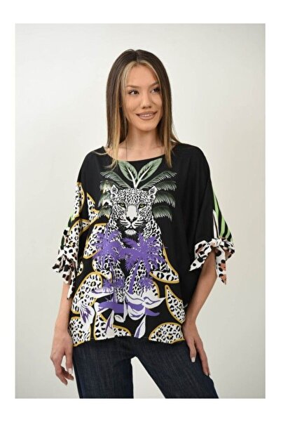 FASHIONLAND ΠΟΛΥΧΡΩΜΗ ΜΠΛΟΥΖΑ JUNGLE OVERSIZE ΜΕ ΚΟΝΤΟ ΜΑΝΙΚΙ ΕΝΑ ΜΕΓΕΘΟΣ