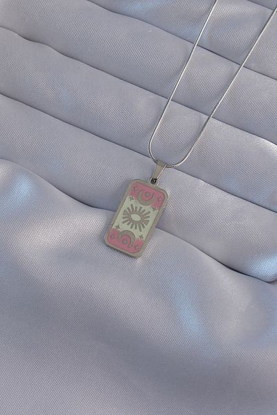 Skygo 316L Steel Silver Color Pink Enamel Moon Figure Tarot Necklace - Tj-Bko9045