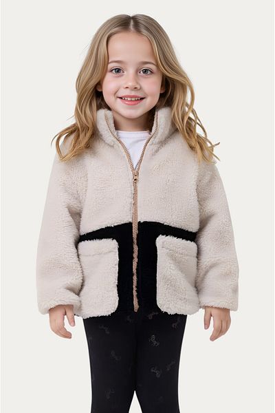 Montstop Girl's Plush Ecru Black Pocket Zippered Welsoft Winter Coat