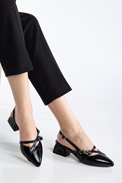 nope21shoess Дамски обувки на нисък ток, черни, лачени, 4 см