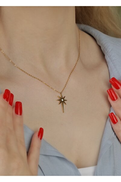 Home Sihra Accessories Steel Gold Color North Star Detailed Necklace