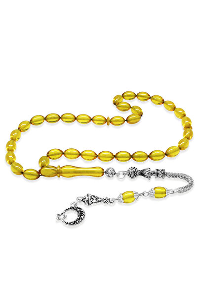 Tesbihane Жълти, огнени кехлибарени молитвени мъниста с ечемичен шлиф с метал...