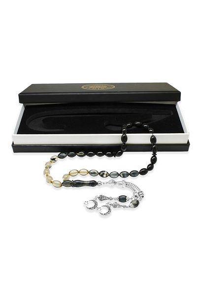 Tesbihane Non-Tarnish Metal Crescent Star Tasseled Barley Cut Filtered Black-white Fire Amber Prayer Beads