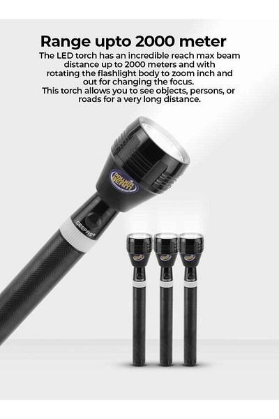 Geepas 3-in-1 Rechargeable LED Flashlight CREE LED Aluminum Body with Li-ion Battery GFL4622N Black 26.5cm