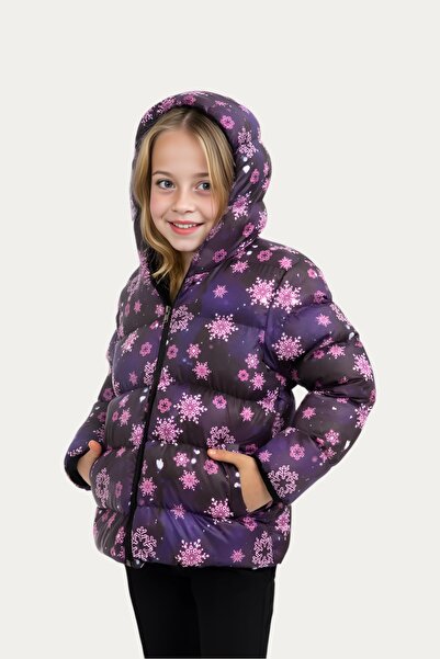 Montstop Fulg de zăpadă din lână cu imprimeu violet - haină de iarnă pentru fete, impermeabilă și rezistentă la vânt, cu glugă și buzunare