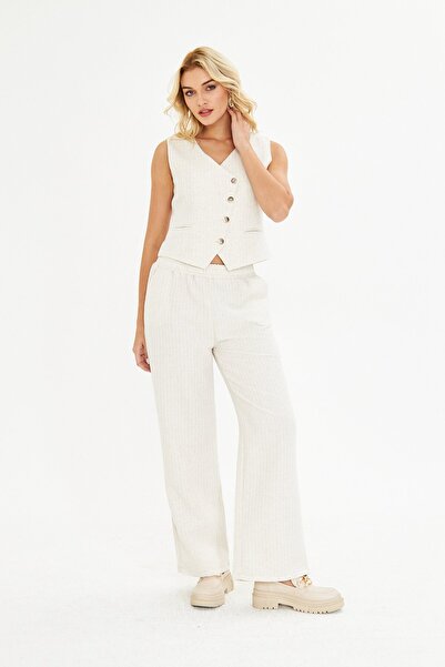 BELISTIL طقم بنطلون سترة كتان مخطط إكرو