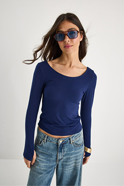 Bianco Lucci Damen-Bluse mit U-Boot-Ausschnitt und Fingerpass Basic 0242 60284029