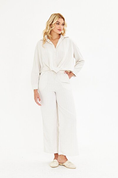 BELISTIL Set de pantaloni și cămașă din in, cu detaliu de legare, culoare ecru