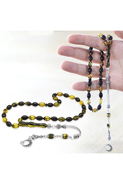 Tesbihane Ayyıldız Non-Tarnish Metal Tasseled Barley Cut Yellow-black Fire Amber Prayer Beads