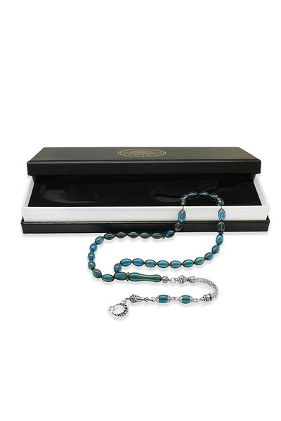 Tesbihane Ayyıldız Non-Tarnish Metal Tasseled Barley Cut Turquoise Fire Amber Prayer Beads