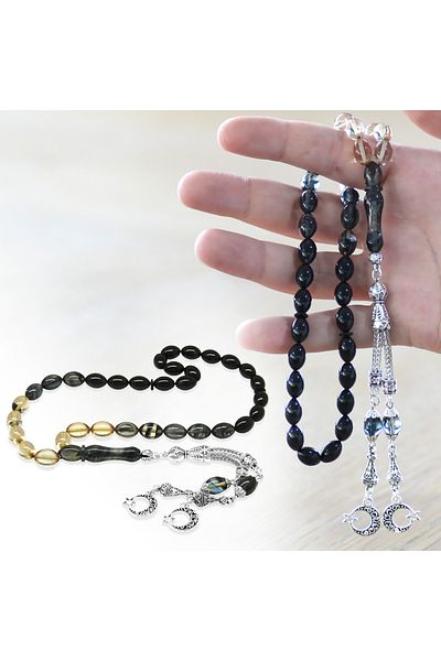Tesbihane Non-Tarnish Metal Crescent Star Tasseled Barley Cut Filtered Black-white Fire Amber Prayer Beads
