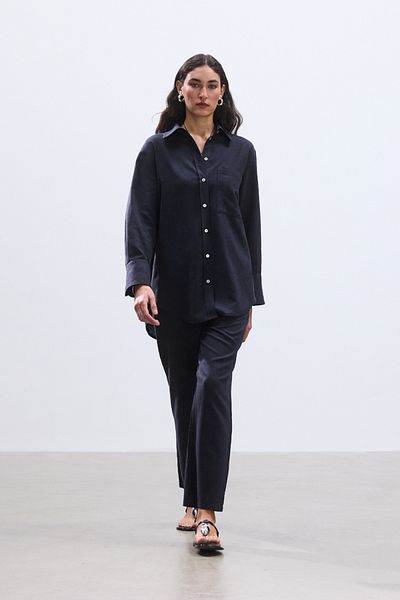 BE BLUE Dark Blue Cotton Linen Shirt