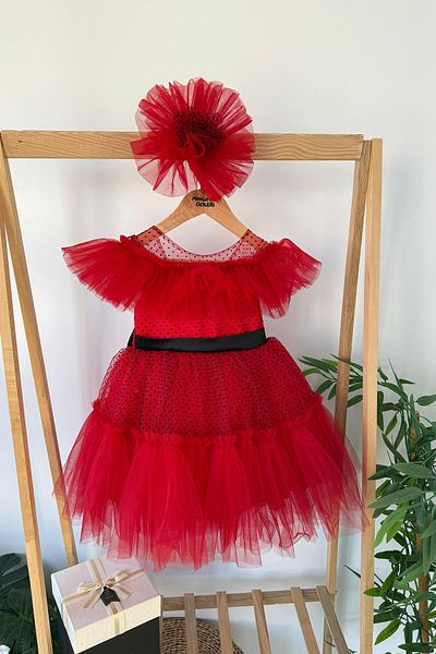 Minigimin Cicileri My Little One's Puff Dot Detailed Bow Girl's Evening Dress - Red