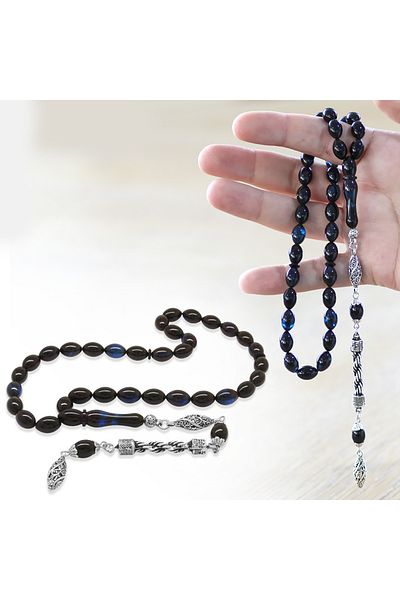 Tesbihane Non-Tarnish Metal Rope Tasseled Barley Cut Straining Blue-black Clamping Amber Prayer Beads