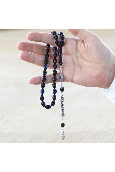Tesbihane Non-Tarnish Metal Rope Tasseled Barley Cut Straining Blue-black Clamping Amber Prayer Beads