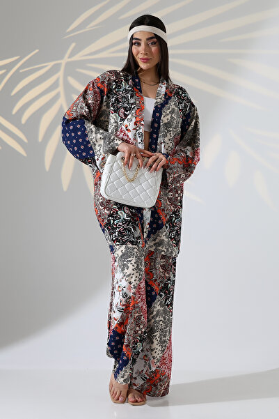 forte bella Patterned Maxi Length Bottom-Top Kimono Set