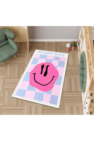 Rugs Modern Halı Alya Koleksiyonu Pembe Gülen Yüz ve Yazı Detaylı Dokuma Taba...