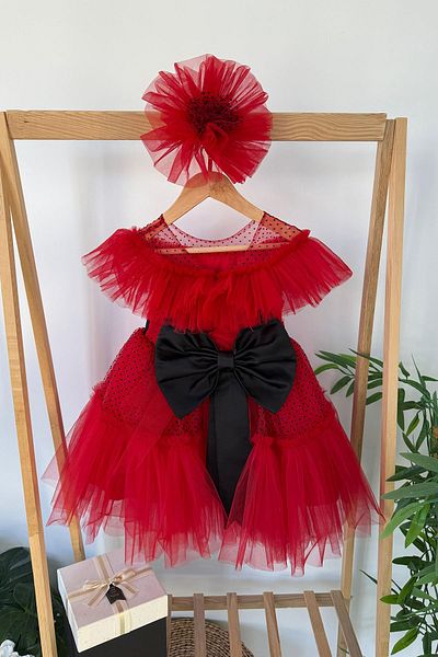 Minigimin Cicileri My Little One's Puff Dot Detailed Bow Girl's Evening Dress - Red