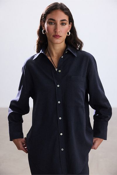 BE BLUE Dark Blue Cotton Linen Shirt