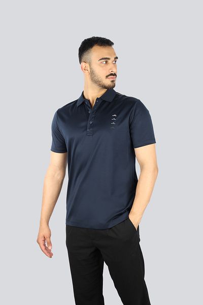 PAUL&SHARK Men's Regular Fit Line Pattern on the Shoulders Short-Sleeved Cotton Navy Blue Polo Collar T-Shirt 25411300A-01