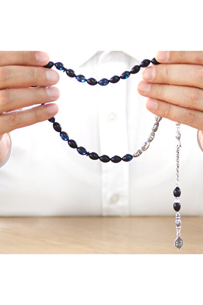 Tesbihane Kararmaz Metal Püsküllü Mavi-Siyah Sıkma Kehribar Tesbih