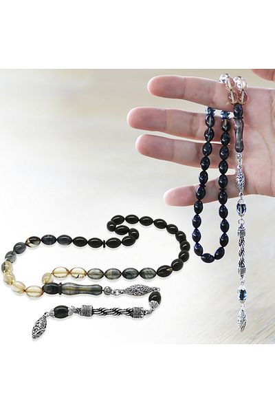 Tesbihane Non-Tarnish Metal Rope Tasseled Barley Cut Straining White-black Fire Amber Prayer Beads