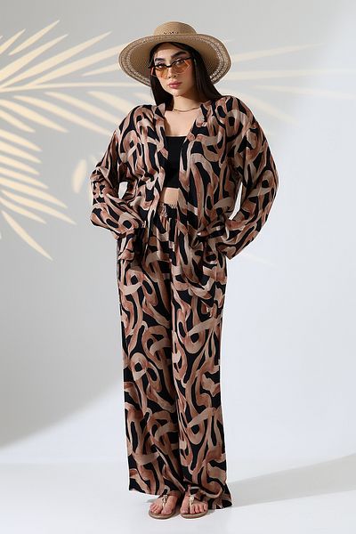 forte bella Patterned Maxi Length Bottom-Top Kimono Set