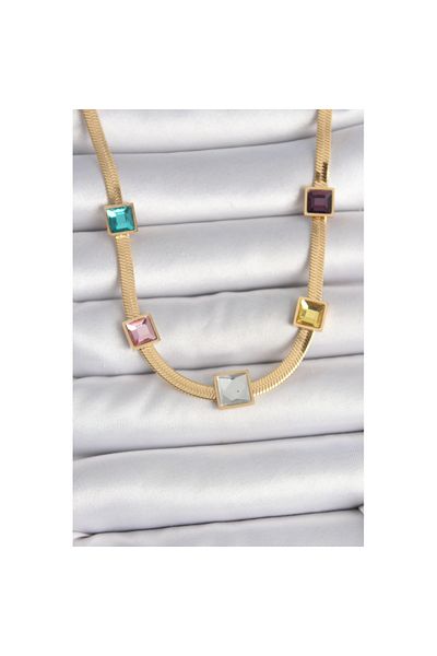 Skygo 316L Steel Gold Color Italian Chain Model Square Colorful Zircon Stone Women's Necklace - Tj-Bko10118