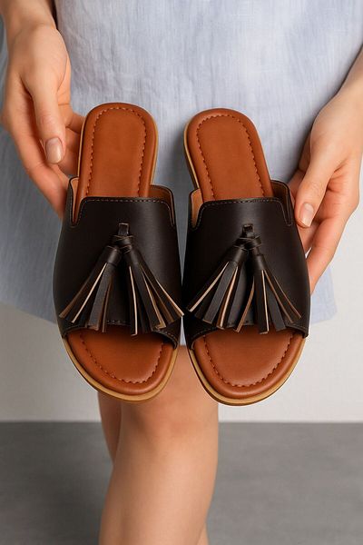 NOVİNS Women's Coffee Tassel Detailed Casual Summer Comfortable Slippers Garden Balcony Bundle Slippers