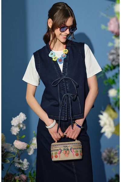 Fatma Atasoy Tie-Up Navy Blue Denim Vest
