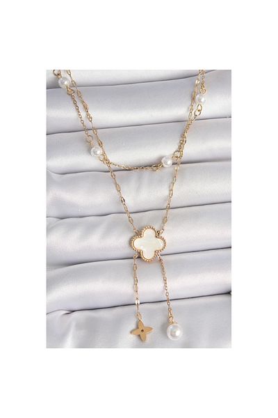Skygo 316L Steel Gold Color Chain White Clover Figure Dangle Flower Pearl Detail Women Necklace - Tj-Bko10109