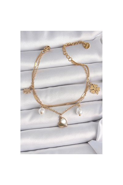 Skygo 316L Steel Gold Color 2-Piece Chain Model Hanging Heart Figure Clover Detail Women's Bracelet - Tj-Bb6945