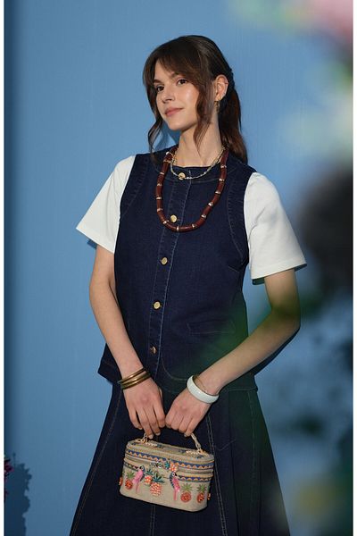 Fatma Atasoy Midi Navy Blue Denim Vest