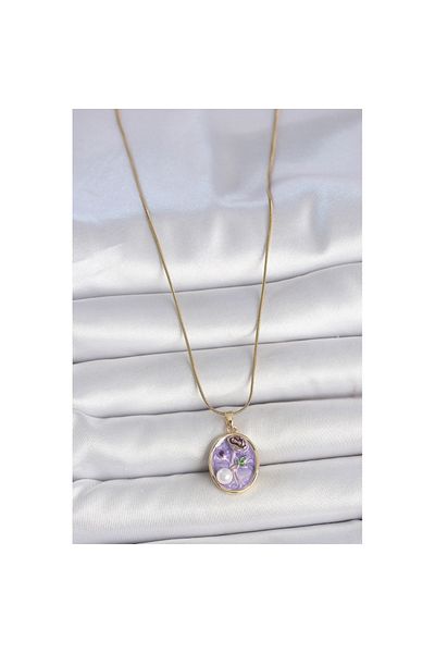 Skygo 316L Steel Gold Color Chain Purple Flower Embroidered Pearl Detail Portrait Model Women's Necklace - Tj-Bko10078