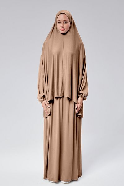 Sonbaharmoda Γυναικείο φόρεμα προσευχής δύο τεμαχίων με μαντίλα από οργανικό βαμβάκι ελαστικό μανίκι αντιολισθητική φούστα χτενισμένη βαμβακερή μανίκια