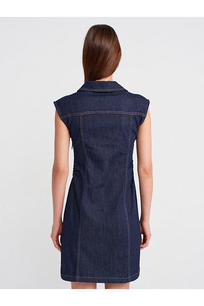 Dilvin 90557 Rochie mini din denim cu strângere laterală-albastru închis