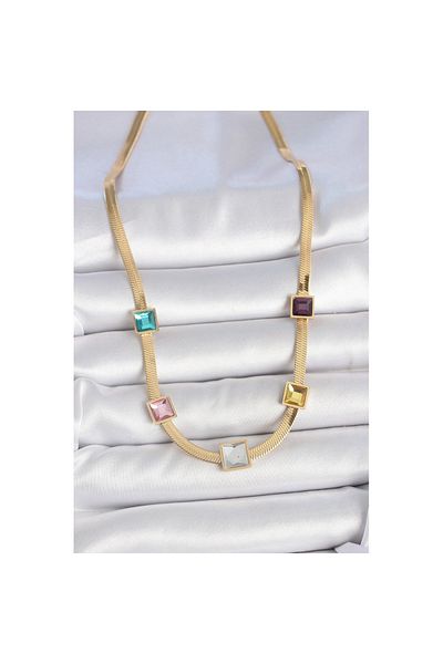 Skygo 316L Steel Gold Color Italian Chain Model Square Colorful Zircon Stone Women's Necklace - Tj-Bko10118