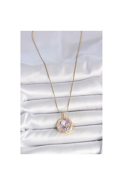 Skygo 316L Steel Gold Color Chain Purple Flower Embroidered Pearl Detail Portrait Model Women's Necklace - Tj-Bko10081